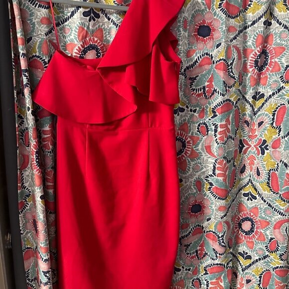 Zara Red Dress-One Shoulder Ruffle Pencil - Picture 5 of 6